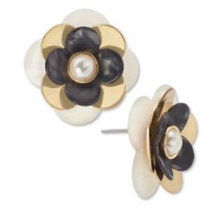 💛On 34th Imitation Pearl 3D Flower Stud Earrings Multi-Color Black Gold